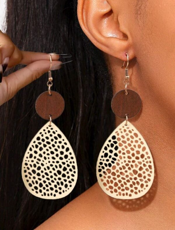Hollow Waterdrop Faux Leather & Wood Combo Drop Earring