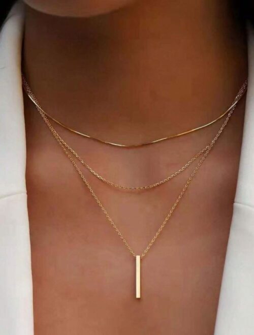 Long Bar Pendant & Layered Chains Necklace