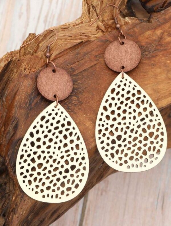Hollow Waterdrop Faux Leather & Wood Combo Drop Earring - Image 2